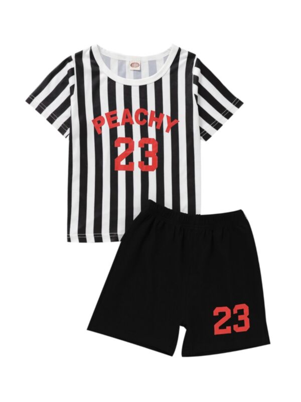 2-Piece Boy Set Peachy Print Stripe Top Matching Shorts 