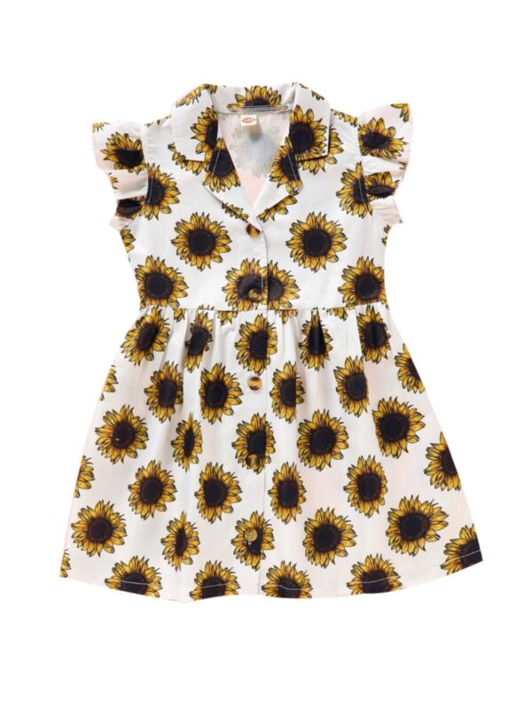 Little Girl Turn-down Collar Allover Sunflower Print Dress