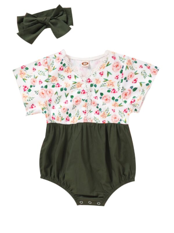 2 Pieces Infant Girl Floral Graphic Hit Color Bodysuit Matching Headband