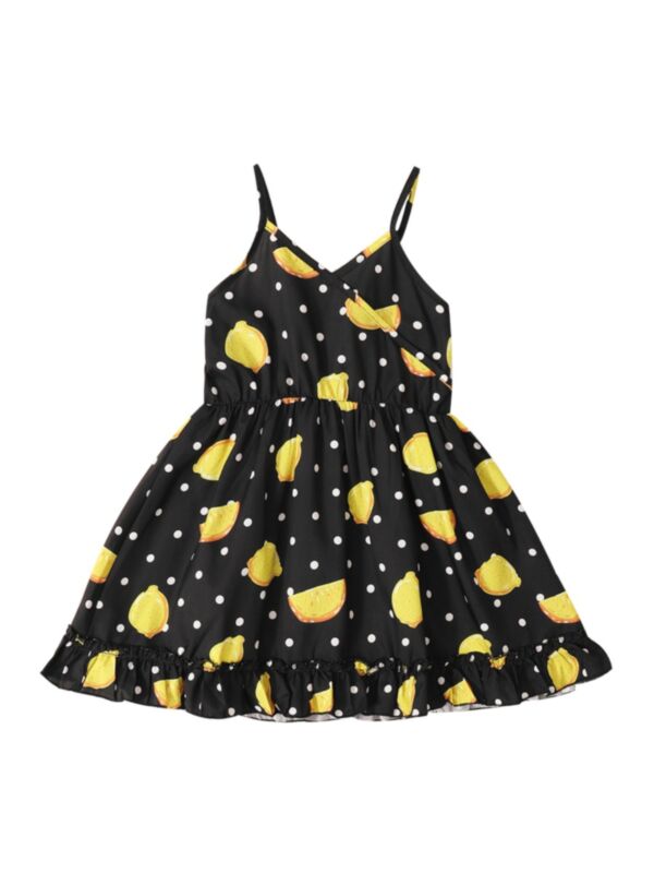 Girl Lemon Print Polka Dots Cami Dress