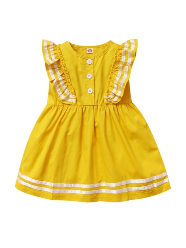 Little Girl Stripe Ruffled Detail Dress In Yellow