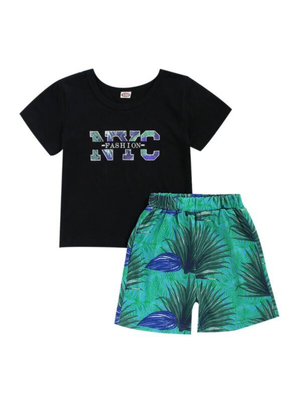 2-Piece Kid Fashion Print Tee And Tropical  Print Shorts Set