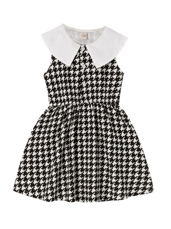 Girl Doll Collar Houndstooth Pattern Sleeveless Dress