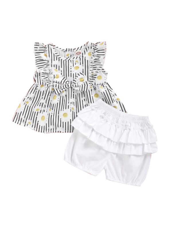 Two Pieces Baby Girl Flower Stripe Pattern Set Ruffled Detail Top And Shorts 