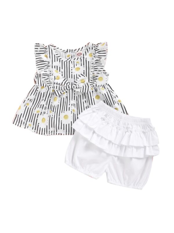 Two Pieces Baby Girl Flower Stripe Pattern Set Ruffled Detail Top And Shorts