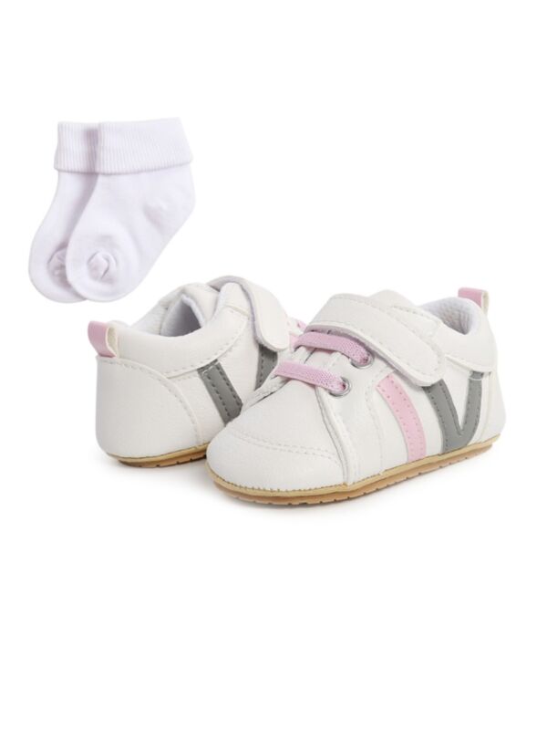2 Pieces Baby Unisex Velcro Stripe Shoes Matching Socks