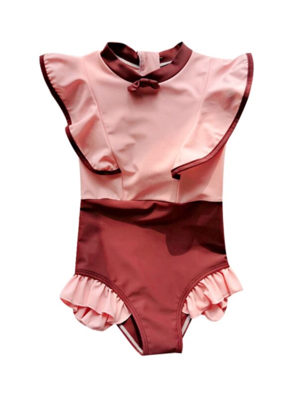 Kid Girl Ruffle Hit Color One-Piece Bathing Suit