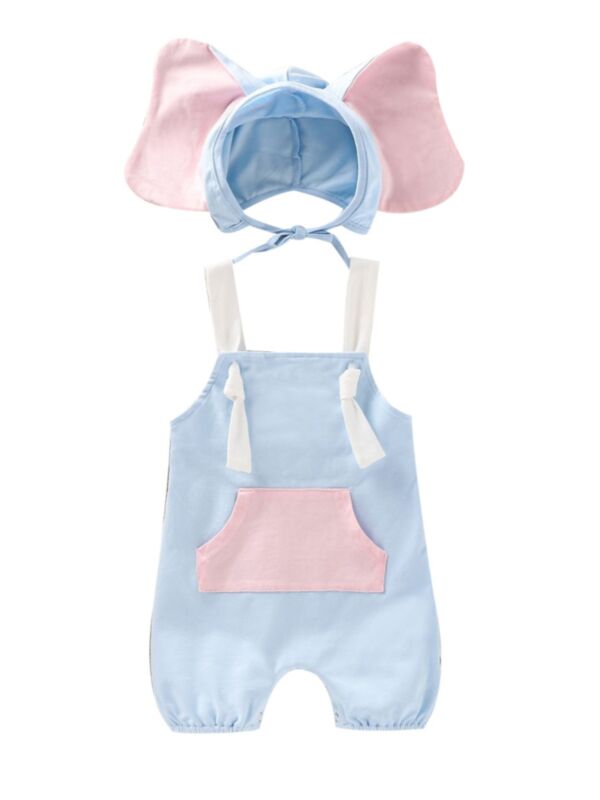 Two Pieces Baby Girl Cami Romper With Elephant Ear Hat