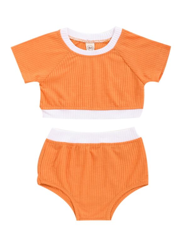 Two Pieces Little Girl Hit Color Ribbed Set Crop Top With Shorts