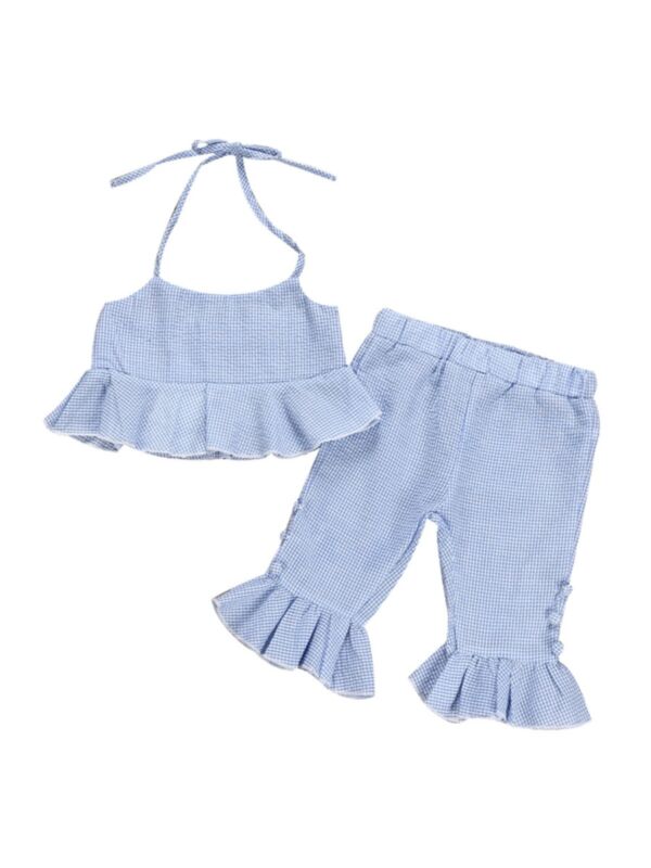 2-Piece Girl Set Grid Pattern Halter Neck Top And Ruffled Hem Trousers 