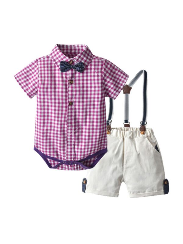 Two Pieces Baby Boy Outfit Checked Shirt Bodysuit Matching Suspender Shorts