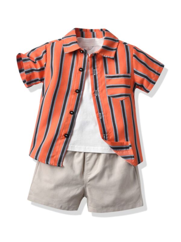 3-Piece Little Boy Plaid Or Stripe Shirt &  Solid Color Tee & Shorts Set
