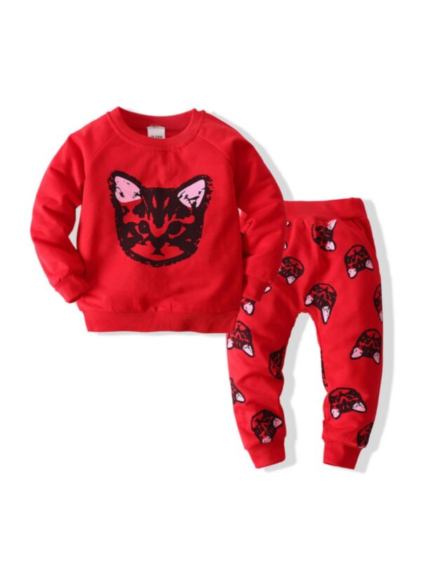 2 Pieces Kid Girl Cartoon Cat Graphic Set Sweatshirt And Sweatpants
