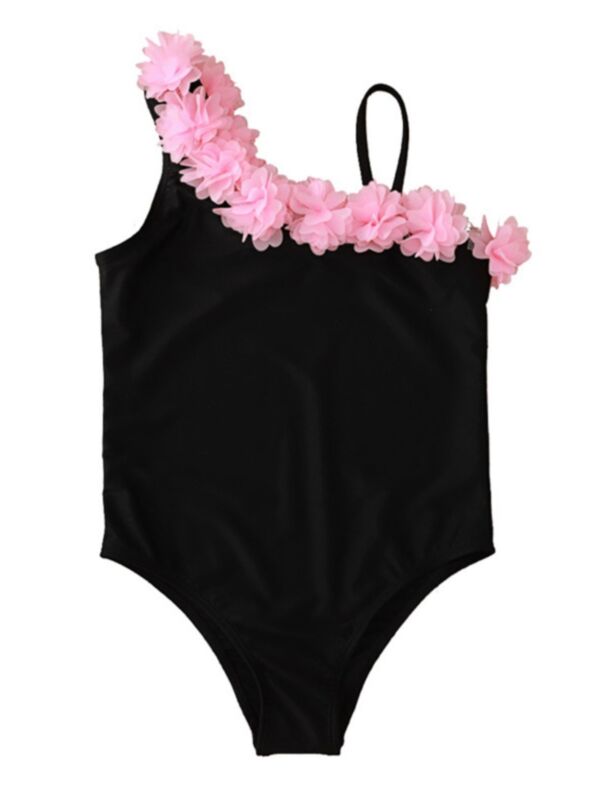 Flower Trim Off Shoulder Swimwear For Girl 210324067
