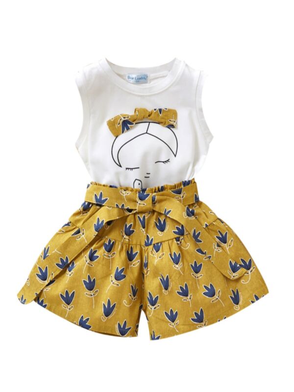 Two-piece Girl Cartoon Tank Top And Printed Shorts Set 