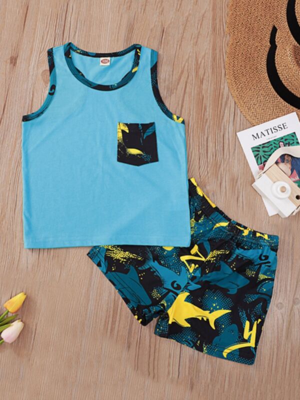 Two Pieces Kid Boy Sets Leaves Print Tank Top And Shorts 210324242