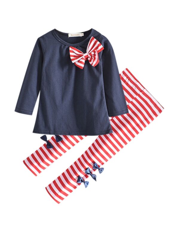 Two-piece Kid Girl Bow Top And Stripe Pants Set