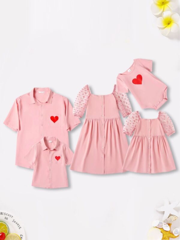 Family Matching Love Heart Pattern Polka Dots Dress Shirt Bodysuit