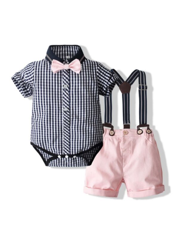2 Pieces Baby Boy Grid Pattern Bow Tie Bodysuit Matching Suspender Shorts Party Wear Outfit