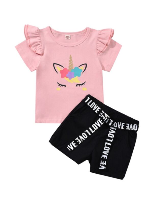 2 Pieces Unicorn Pattern Top And Love Belted Shorts Girl Set