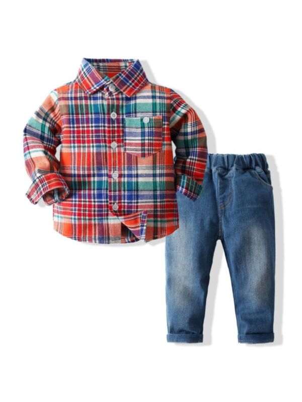 Fashionable Boys Clothes Set Hit Color Checked Shirt Matching Jeans 