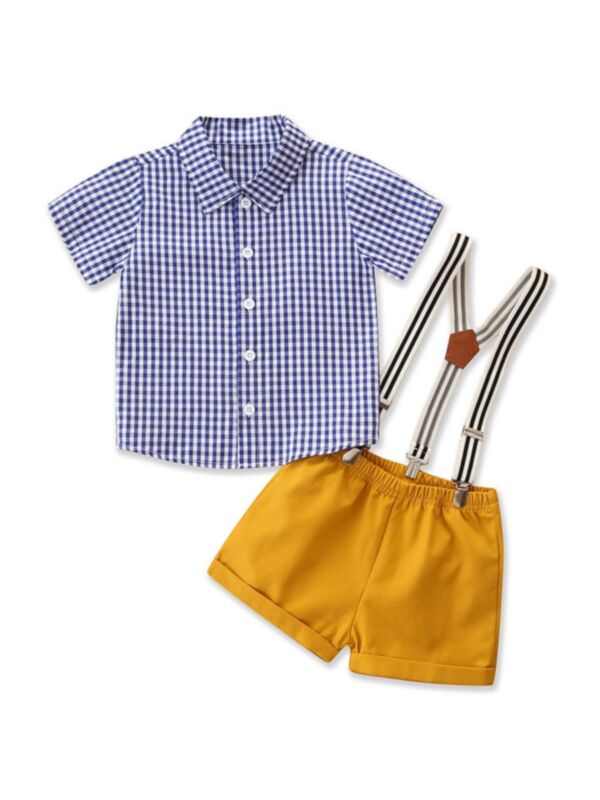 Two Pieces Boy Outfit Gird Shirt & Suspender Shorts