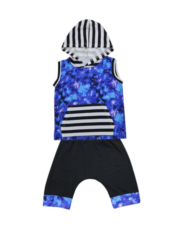 2 Pieces Kid Boy Stripe Starry Sky Hooded Top And Shorts Set