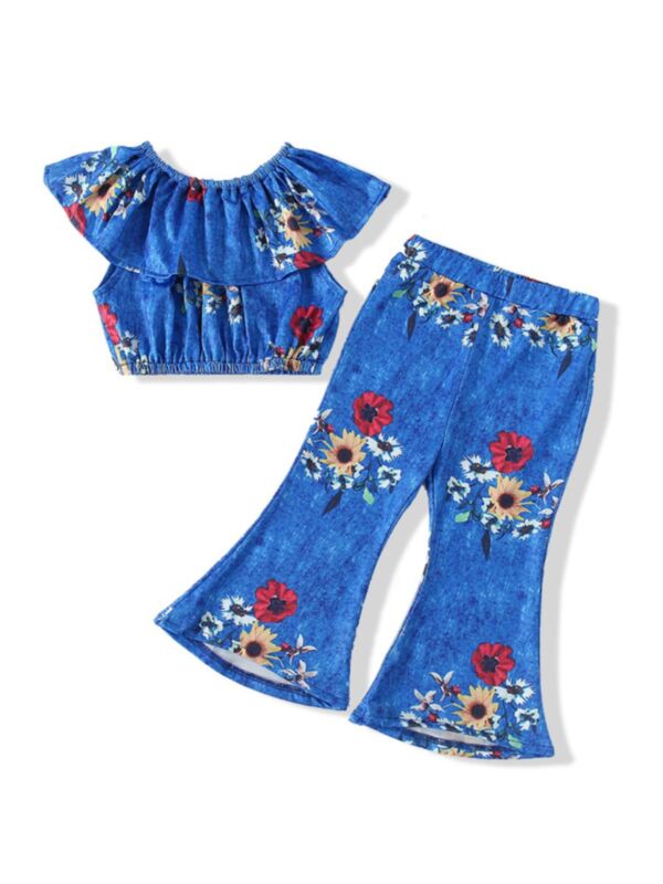 2-Piece Girl Floral Print Set Off Shoulder Crop Top And Flared Pants 