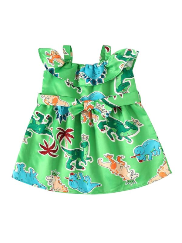 Kid Girl Dinosaur Pattern Off Shoulder Belted Dress 
