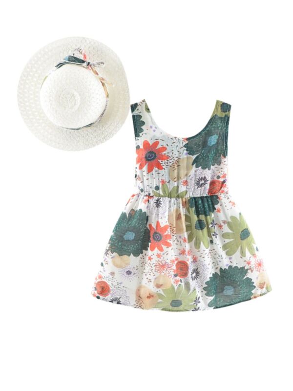 Toddler Girl Backless Bow Detail Flower Pattern Dress And Hat