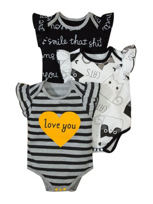 3 Packs Infant Girl Love Heart Cartoon Print Bodysuits