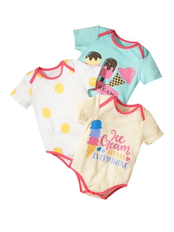 3-Pack Infant Girl Polka Dots Ice Cream Letter Print Bodysuit