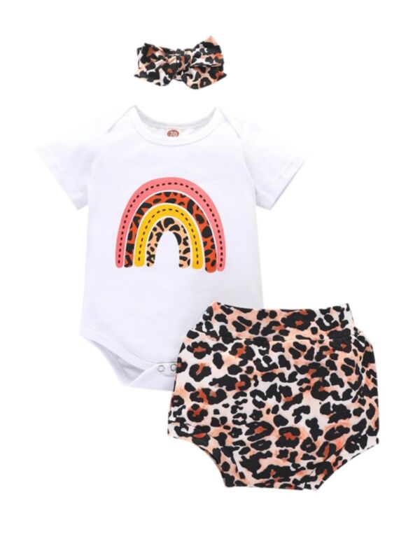 3 Pieces Baby Girl Rainbow Print Onesie + Leopard Star Shorts + Headband Outfit