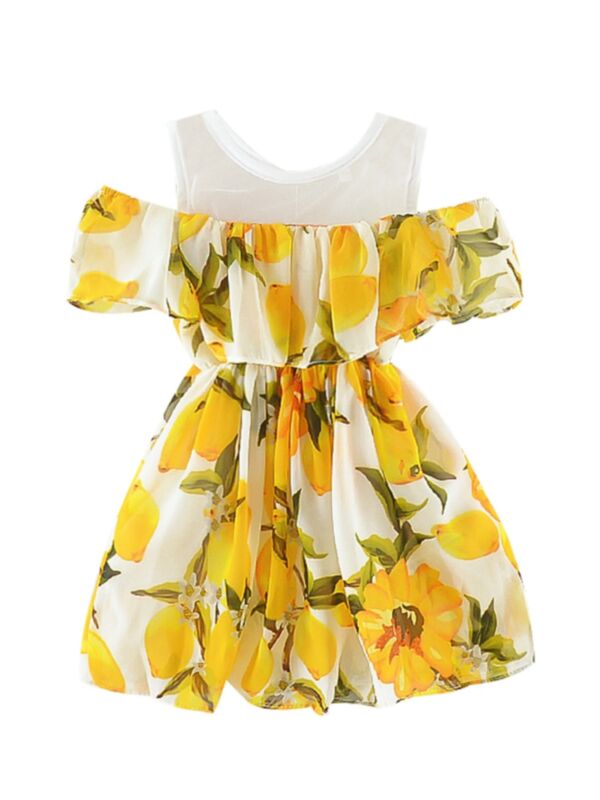 Baby Girl Lemon Print Off Shoulder Mesh Chiffon Dress