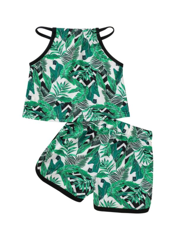 Two Pieces Kid Girl Leaves Print Cami Top And Shorts Set