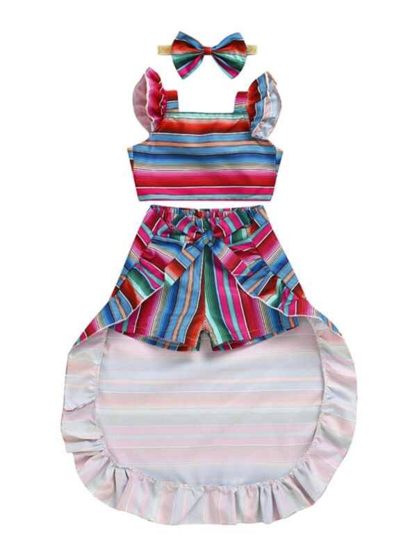 Three Pieces Little Girl Colorful Stripe Outfit Crop Top + High Low Hem Shorts + Headband