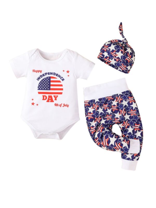 Three Pieces Baby Boy Happy Independence Day Bodysuit And Star Print Trousers And Hat Set