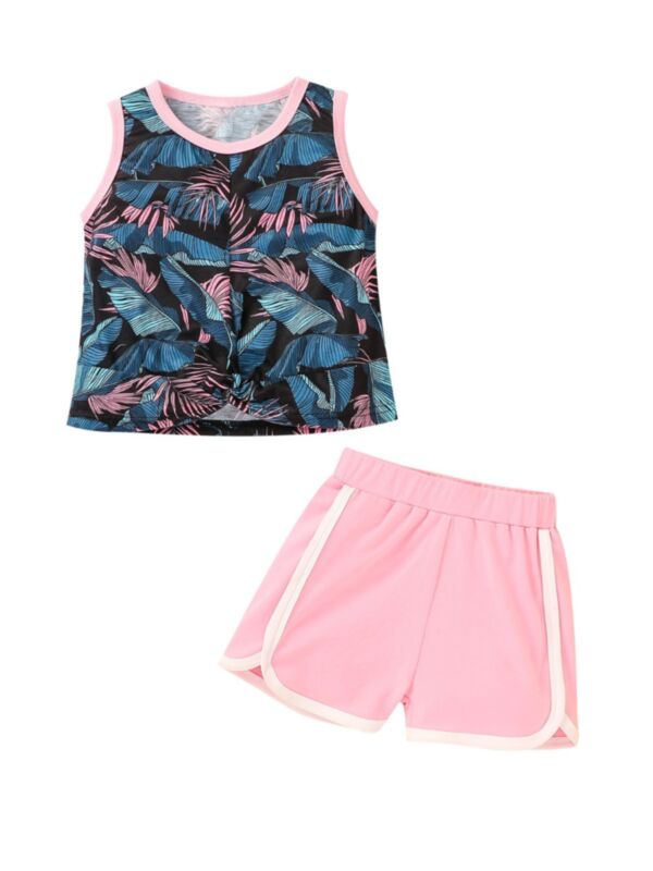 2 Pieces Little Girl Tropical Print Tank Top And Shorts Set