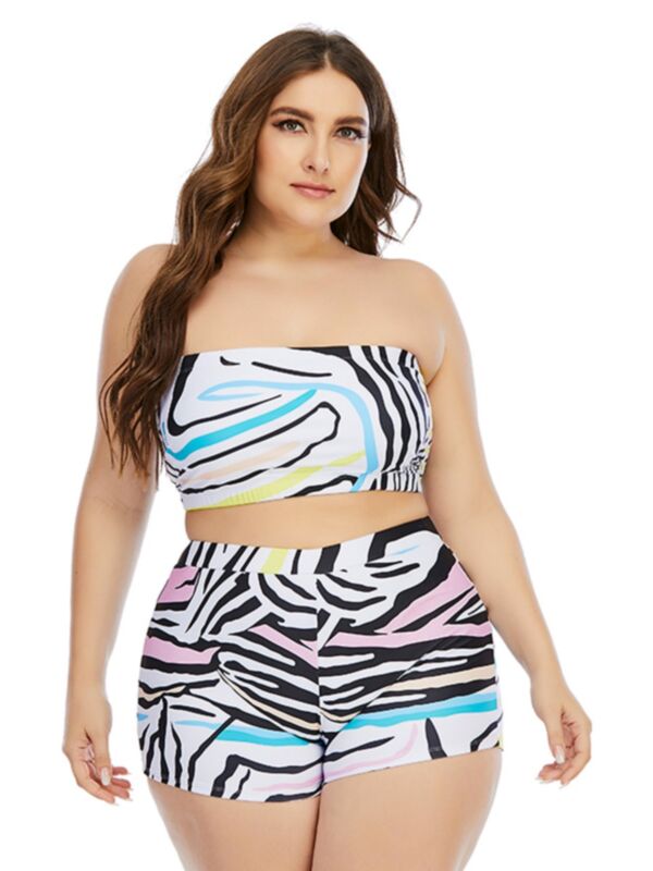 Plus Size Zebra Pattern Swimsuit Tube Top And Shorts