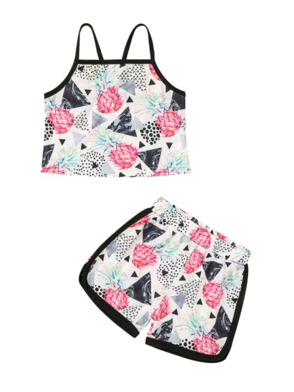 2 Pieces Little Girl Pineapple & Triangle Print Set Tank Top With Shorts