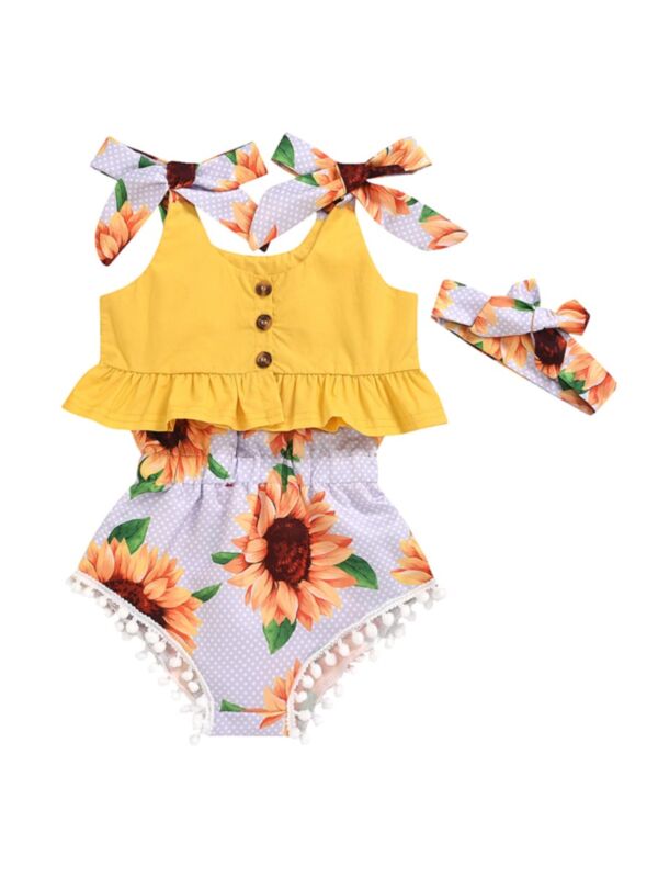 3-Piece Baby Girl Outfit Cami Top & Polka Dots Sunflower Print Pom Pom Shorts & Headband