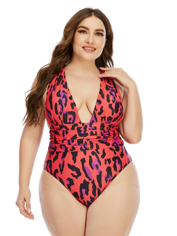 Women Plus Size Leopard Print One Piece Swimsuit