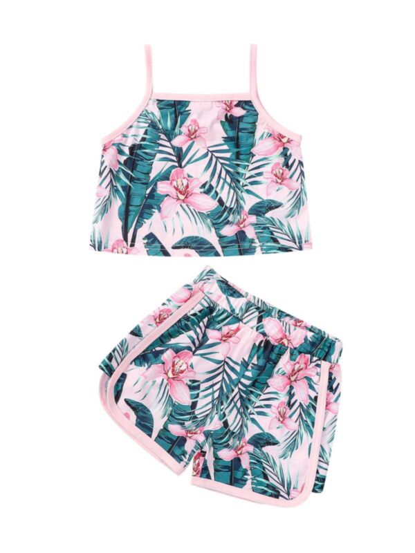 2 Pieces Kid Girl Tropical Print Sling Top And Shorts Set