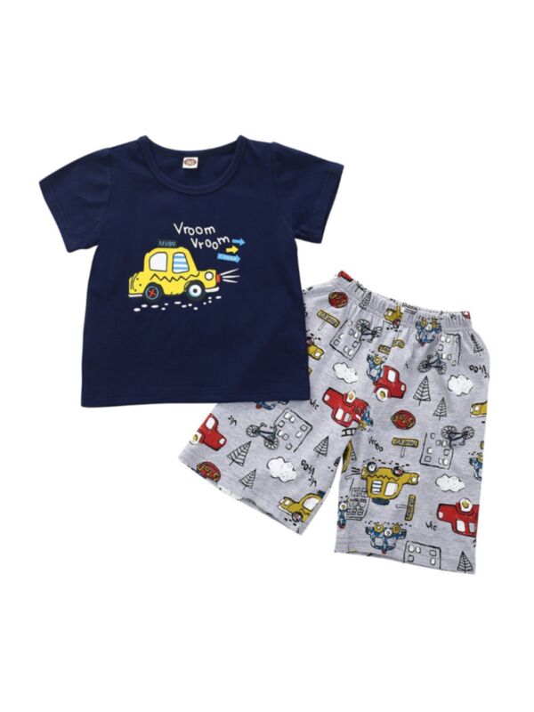 2 Pieces Boy Nightwear Set Car Print Top Matching Shorts