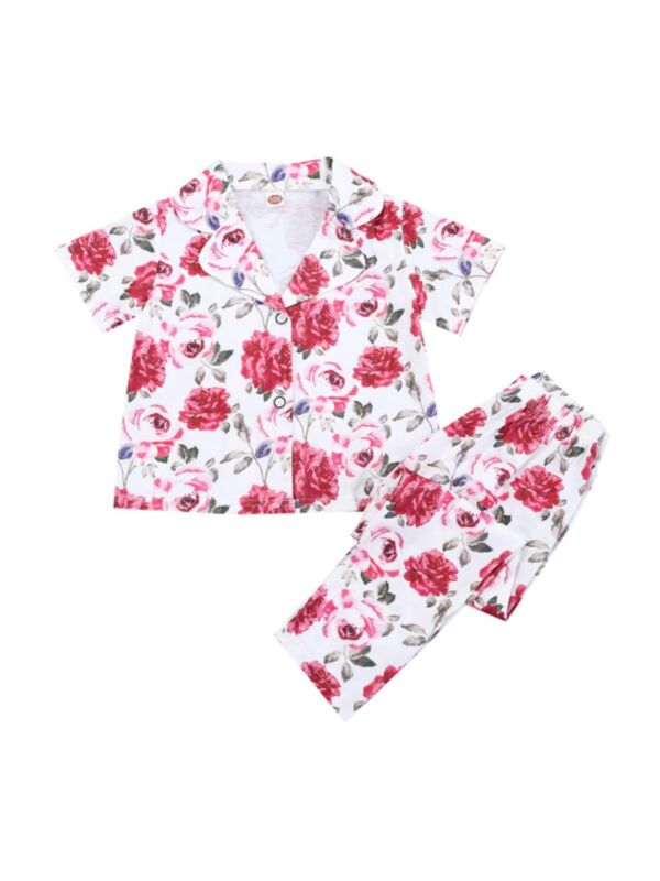 2 Pieces Girl Rose Pattern Loungewear Set Top And Pants