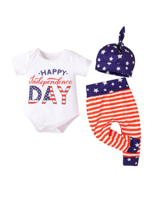 Three Pieces Baby Happy Independence Day Outfit Bodysuit & Stripe Trousers & Hat