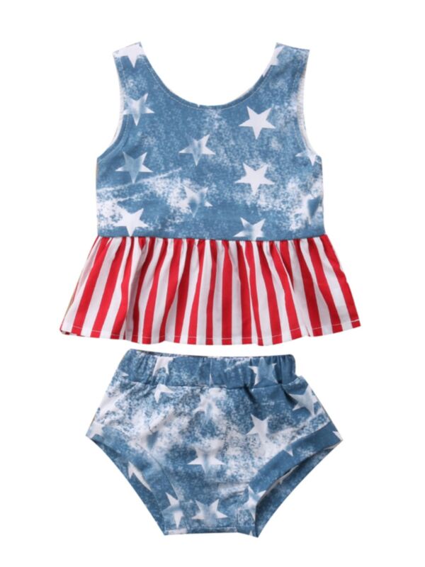 Two Pieces Baby Girl 4th of July Set Ruffle Hem Tank Top With Shorts