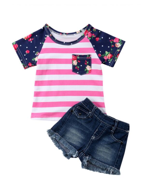 Two-Piece Little Girl Set Floral Stripe Tee With Fringe Denim Shorts