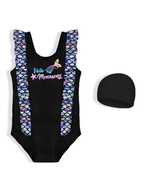One-piece Girl Mermaid Print Swimsuit And Hat