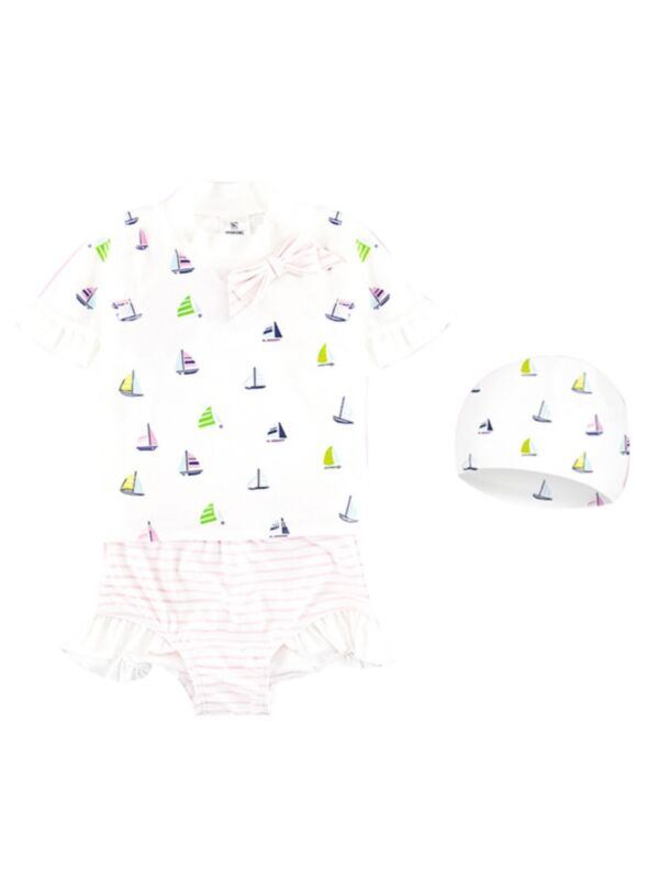 Three Pieces Girl Swimsuit Set Sailboat Top & Stripe Shorts & Hat